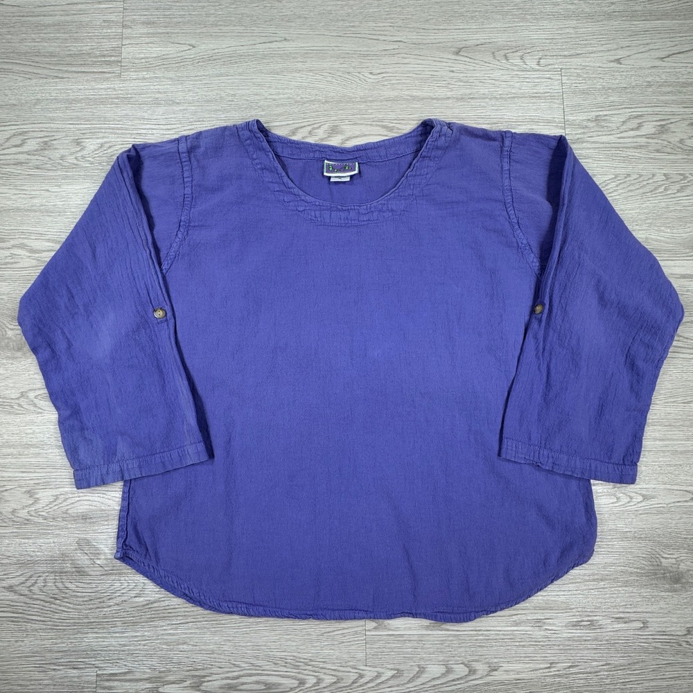 Eucalyptus Womens Top XL Purple Cotton Gauze‎ Roll Tab Sleeve Hand Crafted Boho